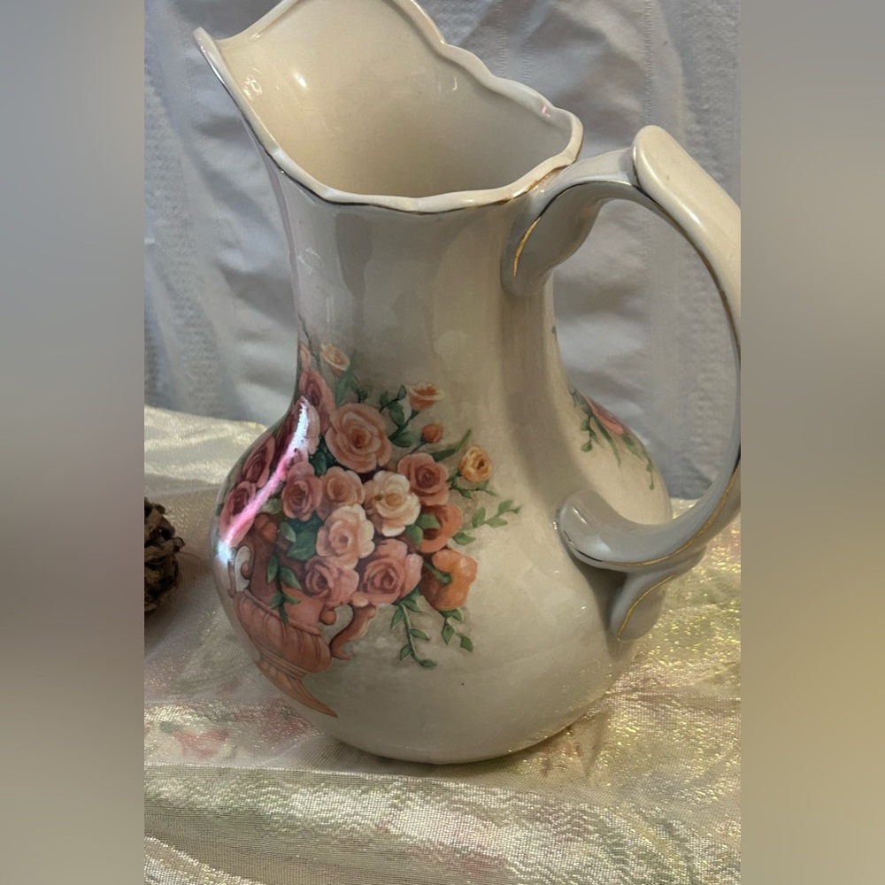 Vintage Belk's ‘All For You’ Ceramic Water Pitcher+Earth Tone Roses  10” depth